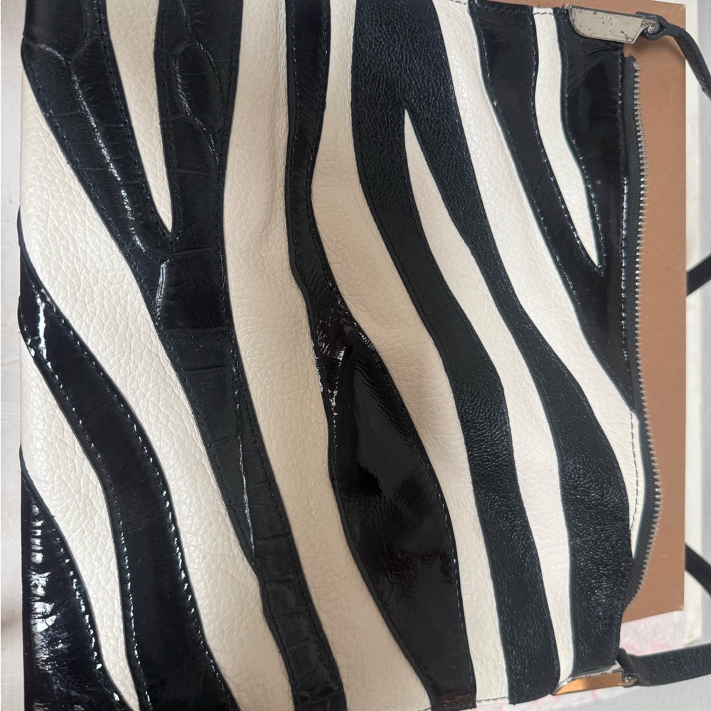 Brighton Handbag Zebra Black and White Striped Leather Medium Size With Strap